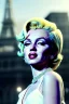 Placeholder: Medium shot portrait, blonde woman, young Marilyn Monroe face, perfect iris, Chanel dress style, paris background, by helmet newton, soft color, highly detailed, unreal engine 5, ray tracing, RTX, lumen lighting, ultra detail, volumetric lighting, 3d, finely drawn, high definition, high resolution.