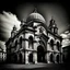 Placeholder: A black and white photograph of a Romanic cathedral taken in Italy in year 1300. Shoot with professional medium format photographic equipment