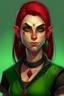 Placeholder: very smart half orc teenaged tomboy woman, shes strong and not pretty, her hair is dark red and shoulder length, she wears an earring and black clothing with green skin and pointed teeth, realistic style