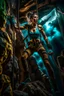 Placeholder: An action shot of a sexy looking zombie mountain climber, dramatic climb, an action shot, sexy crop top and tight leggings, climbing ropes,cinematic poster, cinematic lighting