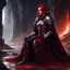 Placeholder: Amid the ruins of a forgotten throne room, she sits—her armor glinting softly in the dim light, her crimson hair cascading like a river of blood. The battle is over, the echoes of clashing steel fading into silence. A skeletal relic lies at her side, draped in a tattered cloak, a reminder of the foes she has vanquished and the path she has walked.