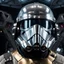 Placeholder: star wars bald male corellian pilot wearing dark gunmetal grey and black First Order special forces TIE pilot armored flightsuit and helmet with gold trim inside the jedi temple, centered head and shoulders portrait, hyperdetailed, dynamic lighting, hyperdetailed background, 8k resolution, volumetric lighting, light skin, fully symmetric details