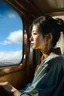 Placeholder: Neoclassicism japanese woman looking at window to sky in train realistic cote d'azur painting