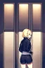 Placeholder: blonde girl with short jacket and shorts runs in a corridor in front at a mystery door, back view, line arts, manga style