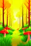 Placeholder: there's a children's book background, a forest image, long right-handers and red mushrooms. in shades of orange, yellow, green. the sunlight is on the trees. digital art