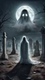 Placeholder: A creepy-looking ghost stands in the center of an abandoned cemetery, full moon