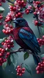 Placeholder: Cherry tree. A dark burgundy bird with blue and charcoal, indigo berries in brushstrokes. Art. Magical realism, phantasmagoria, edging, silk, water pointillism, pearls, diamond drops, electric fractals. 4K, beautiful, aesthetically pleasing, high level of detail. Wildlife, beautiful birds, modernism, grotesque, stylized styles of Erté, Zorikto, and Rebecca Dautremer. Vertical pixel diffusion, silver threads. Beautiful! 8K, high resolution, high level of detail.