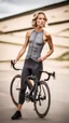 Placeholder: photography of a beautiful anorexic woman, grey satin triathlon top, sports illustrated, blond short wavy bob haircut, pronounced sternum, flat chest, anthracite cycling leggins