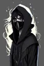 Placeholder: halfelf; mage; 1.70m; mask black; delicate facial; long black hair; black eyes, pale skin; depression; black clothes; black boots; hoodie; wand; black coven-background; bangs hair; potions; avatar;