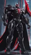 Placeholder: A close picture to Mix between transformers and batman and symbiote venom in solo leveling shadow art style with red details detailsis in fantasy world