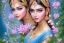 Placeholder: a pretty indian girl just before a magical crystal flower lotus magnolia lys bougainvillier, blue gold house indian palace castle in the woods, magnolias pink,blue lake,sun,white swanns,pink vertical, blue lake,sharp, vines, candlelit, endor, ornate, elegant, highly detailed, artstation, concept art, smooth, sharp focus, illustration, 8k, splash art, wallpaper, key visual