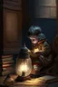 Placeholder: A child sitting on the floor, next to a lantern, studying old books