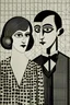 Placeholder: the minimalistic black and white picture from 1920 of two clowns: man and a woman with a short hair. at stencil surrealism Art