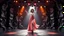 Placeholder: a 3d fractal stage structre made of metallic dark color 3d structures, pertty artistc background,dynamic lights,a beautiful lady in pretty maxi skirt and blouse dancing on stage