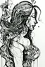 Placeholder: Ink drawing of random siluette drawn , line drawing, white background, negative space, splashes of soft colours