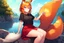 Placeholder: Girl, fox ears, one big fox tail, orange hair, red skirt, river, fox foot , sit on the shore, purple fox eyes, black T-shirt, wet