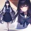 Placeholder: Clear focus,High resolution,High quality, Black long fluffy hair, long bangs, and purple eyes, wearing a sailor uniform, Full body, Medium Close up