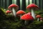 Placeholder: Hyperealistic low-level shot of a group of fly agaric mushrooms