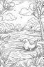 Placeholder: Draw a whimsical scene of a platypus exploring a riverbank, clean line art, white background, no shadows, well outlined, for kids coloring book, cartoon style.