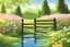 Placeholder: amazing sunset, flowers, distant mountains, cabin, fence, epic