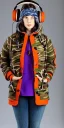 Placeholder: Brunette woman. average body type, think thighs and thick calves. Mantle is sewed of recycled Denim and sewed together of camouflage pieces. Printed camouflage figures are orange,terracotta, cream and purple. It is with big bright purple felt tippet and cream-colored-hood. mantle is merged with satchel. . AKG-style headphones (gold rings!) is merged with small felt cap with small visor. Style: Haute Couture in 1936, Paris fashion in 2023, inspired by street art. Cream latex gaiter.