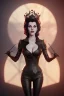 Placeholder: Hannah Waddingham as evil queen in black leather, busty, cleavage, voluptous, rebecca Welton, angry, stern look. character design by cory loftis, fenghua zhong, ryohei hase, ismail inceoglu and ruan jia. unreal engine 5, artistic lighting, highly detailed, photorealistic, fantasy