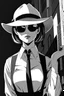 Placeholder: manga, anime, drawing, art, cartoon, perfect body, perfect hands, perfect face, perfect eyes, perfect arms, perfect cowboy hat, mafia woman, female mafia,, short hair pixie cut shaved side, black suit and tie, sunglasses, badass, cool, attractive