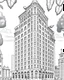 Placeholder: Craft a sophisticated black and white coloring page showcasing the historic and elegant architecture of the Flatiron Building. Remove the black background to create an engaging coloring experience suitable for both kids and adults.