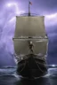 Placeholder: Ship front view with a Spider figurehead at night in a storm with giant waves