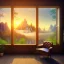 Placeholder: old wood sober house, large desk, parquet, sheet of paper, little pen, office chair in front of a huge picture window with large view on a waterfall with warm light, sunset ,photorealistic, detail, panorama, nature, globe, 8K, Hallelujah mountains, view first person