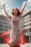 Placeholder: Photorealistic young woman in a dress, standing, with arms raised, looking at the front of a building at midday, with red auras around her