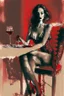 Placeholder: elegant beautiful brown-haired woman in red and black lace lingerie with crossed legs, proudly sitting on a chair, cigarette in her right hand, a glass of red wine on a table next to her, her lips are red, surrealist, smooth, pop, accentuate, faded glow, morning, bright, fine art, push, structure, silhouette, pencil sketch by Jean Cocteau fantasy high definition crisp quality in sunshine