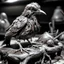 Placeholder: a statuette of a rotting bird cult in a display greyscale photo