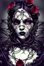 Placeholder: a beautiful and mysterious gothic woman entangled in wire and roses, hoody, dark and gothic lighting, ultra realistic and highly detailed, explosive background, epic, striking messy art style, cracked sealant surface and heavy textures , extremely beautiful