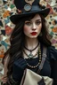 Placeholder: adult, woman, necklace, steampunk hat, delicate features, unique style, pale skin tone, dark eyes, dark lipstick, regal rebell-steampunk dress, dark dress, black elbow gloves, long hair, holding an mecha-cotton bag, ethno steampunk style, whimsical vibe, high detalied, realistic, cinematic, random background