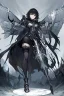 Placeholder: Anime girl with short black hair and sharp green eyes holding a sinister spear, full body black and white metal plate armour, full body shot, Dark lighting,1woman, soaked in blood,Warrior