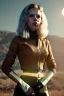 Placeholder: retro portrait image from 1960, explosion, long hair, young Scarlett Johansson, classic black tight lycra suit, metal stick weapon, gold bracelet and belt, high heel boots, soft color, highly detailed, unreal engine 5, ray tracing, RTX, lumen lighting, ultra detail, volumetric lighting, 3d, finely drawn, high definition, high resolution.