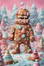 Placeholder: Highly realistic digital illustration of a giant gingerbread man, monster made of frosting and candy. Candyland landscape style of Eleanor Abbott in a Christmas theme, nostalgic cartoon style, pastel bright palette, giclee, Faber-Castell Polychromos, Lisa frabk, suessical