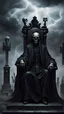 Placeholder: An eerie figure in a black robe sits on a gloomy throne, the figure’s face resembles a skull, in his hand is a staff with a skull, in the background is an eerie cemetery, black clouds, lightning, gray shades