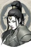 Placeholder: asain female warrior mage with long black hair that was pulled back behind her head in a ponytail.The dark hair contrasted and complimented her soft facial features. Below her left eye there is a tattoo of fine lined design that looks like a solid line.