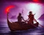 Placeholder: sango fantasy, fantasy magic, intricate, sharp focus, illustration, highly detailed, digital painting, concept art, matte, Greek mythology Charon ferryman, skeleton in full length cape, in boat on river styx, sharp jagged rocks, red purple blue colours, red hot lava river