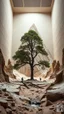 Placeholder: Photograph, a mass of terrain, giant museum space, tree, high walls, high peak in a room, rag, powder, brook, persons, sediments, deflagration of the background, geological formation, light, architecture, minimalist, details of the terrain very accentuated, 8k, deep 3d field, sharp, brutalist, hasselblad h6d400c --ar 85:128 --v 6.0