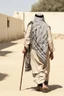 Placeholder: An old man wearing an Arabic keffiyeh, his back bent, walking barefoot, holding his cane upside down, looking back and holding his shoe in his hand.