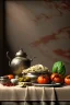 Placeholder: renaissance style still life composite, Raviolis pasta with natural tomato, albahaca, olives, olive oil. Dish, moisture, art, natural, ornaments, ceramic, marble, high kitchen, smooth, god rays, unreal engine 5, ray tracing, RTX, lumen lighting, ultra detail, volumetric lighting, 3d.