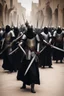 Placeholder: Make me a picture of a group of Muslim knights, assassinating many people, dressed in black