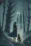 Placeholder: in the style of a Henry Justice Ford drawing, a beautiful witch walks through a dark forest, a dog is seen in the background standing against the horizon, waiting for her