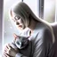 Placeholder: create a sleeping grey haired middle aged woman with chin length hair, sitting on a chair, in front of a window, holding her beloved gray and white tabby Oriental shorthair cat, also sleeping, in her arms. Serene peaceful calm. the snow falling outside