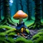 Placeholder: "Close up of a wonderful tiny Mushroom Tower home. Orange and indigo with bright white, deep black and contrasting tones of gray. Illuminated bioluminescent forest. Professional painter, master at composition. small but detailed. broken, blurred background, voluminous lighting"