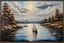 Placeholder: an encaustic painting depicting a landscape of a lake and a single sailboat sailing on it. Add an island and details to create an example of beautiful artistic work. Modifiers: highly detailed masterpiece photorealistic dynamic lighting fantastic view metchley wet oil and wax