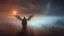 Placeholder: walking straight ahead over a wooden bridge, holding the angel of death with your right hand, entering the fog at the end of the road that leads to the afterlife, and a beautiful sunset and galaxy's behind the fog, realistic